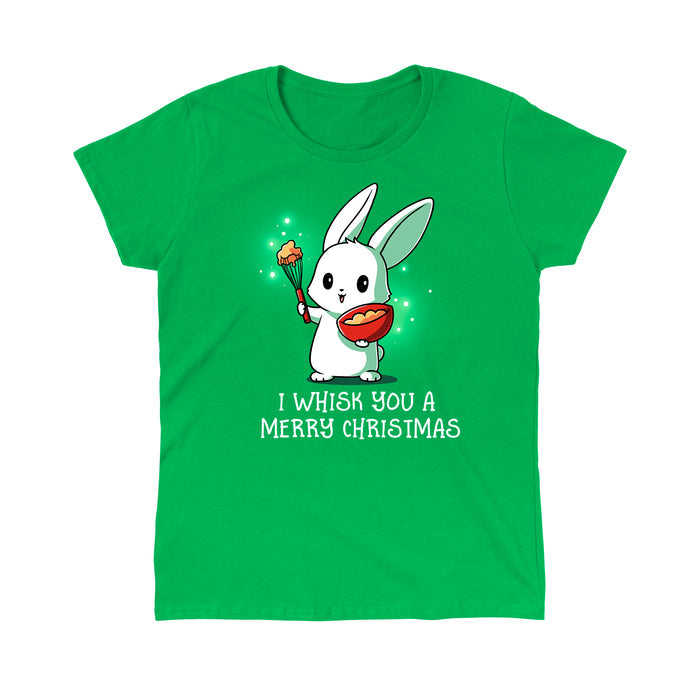 Classic Cotton T-shirt_TeeTurtle I Whisk You a Merry Christmas irish green apparel featuring a bunny holding a bowl and whisk with a holiday pun beneath it.