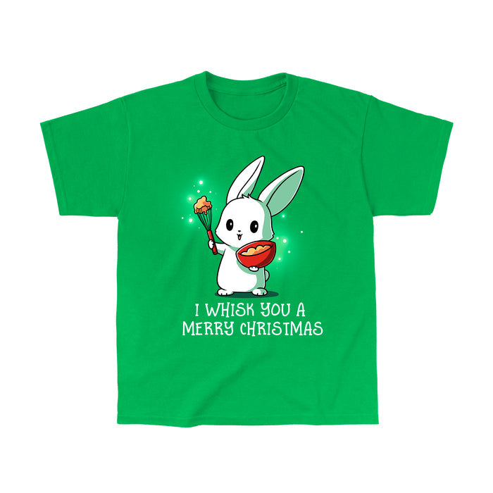 Classic Cotton T-shirt_TeeTurtle I Whisk You a Merry Christmas irish green apparel featuring a bunny holding a bowl and whisk with a holiday pun beneath it.