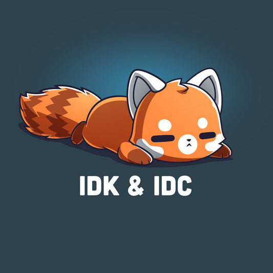 Premium Cotton T-shirt_TeeTurtle denim blue IDK & IDC apparel featuring a red panda lying on its stomach with a deadpan expression.