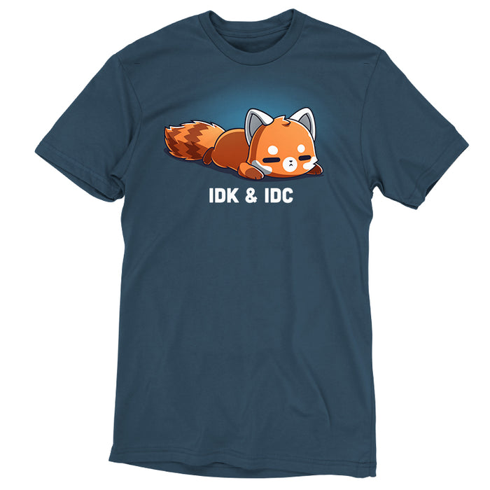 Premium Cotton T-shirt_TeeTurtle denim blue IDK & IDC apparel featuring a red panda lying on its stomach with a deadpan expression.