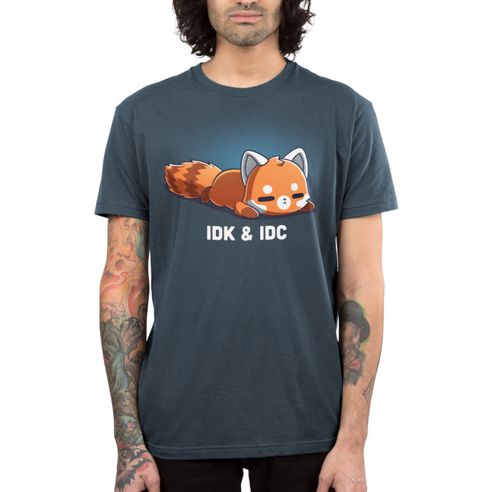 Premium Cotton T-shirt_TeeTurtle denim blue IDK & IDC apparel featuring a red panda lying on its stomach with a deadpan expression.
