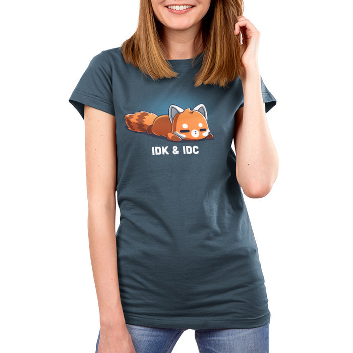 Premium Cotton T-shirt_TeeTurtle denim blue IDK & IDC apparel featuring a red panda lying on its stomach with a deadpan expression.