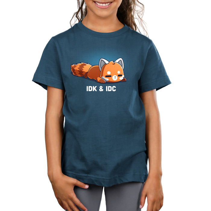 Premium Cotton T-shirt_TeeTurtle denim blue IDK & IDC apparel featuring a red panda lying on its stomach with a deadpan expression.
