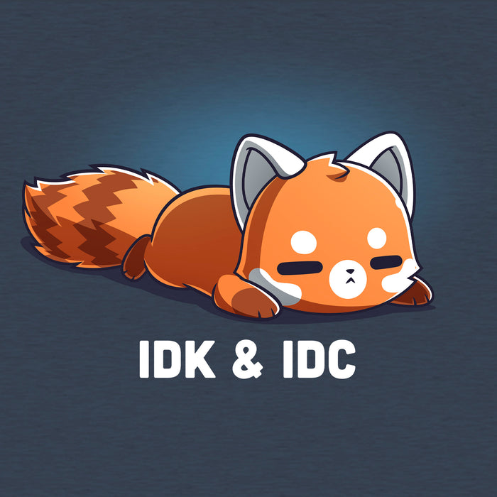 Classic Cotton T-shirt_TeeTurtle heather navy IDK & IDC apparel featuring a red panda lying on its stomach with a deadpan expression.