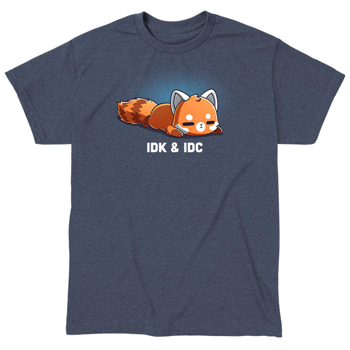 Classic Cotton T-shirt_TeeTurtle heather navy IDK & IDC apparel featuring a red panda lying on its stomach with a deadpan expression.