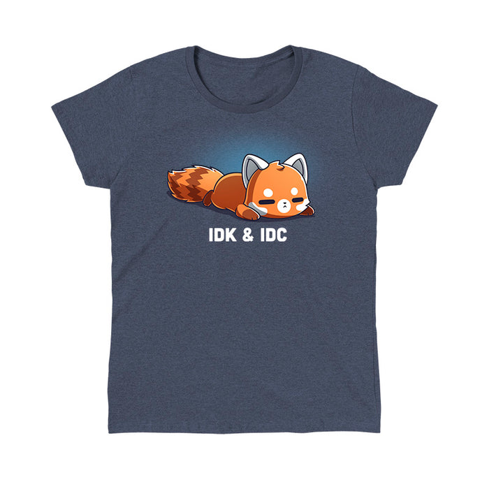 Classic Cotton T-shirt_TeeTurtle heather navy IDK & IDC apparel featuring a red panda lying on its stomach with a deadpan expression.
