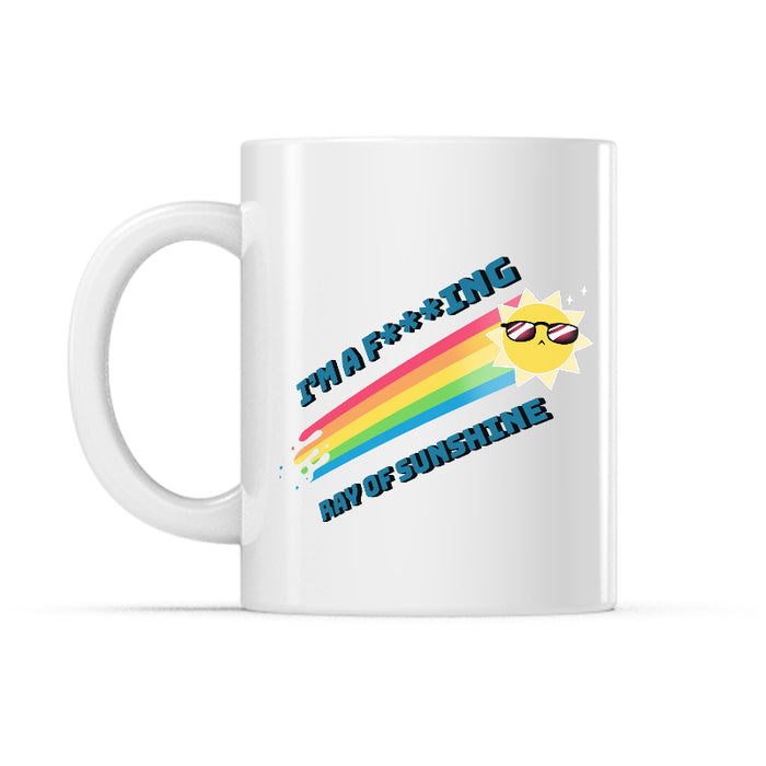 Ceramic Mug_TeeTurtle I'm a F***ing Ray of Sunshine white mug featuring a sun wearing sunglasses with a rainbow trail.