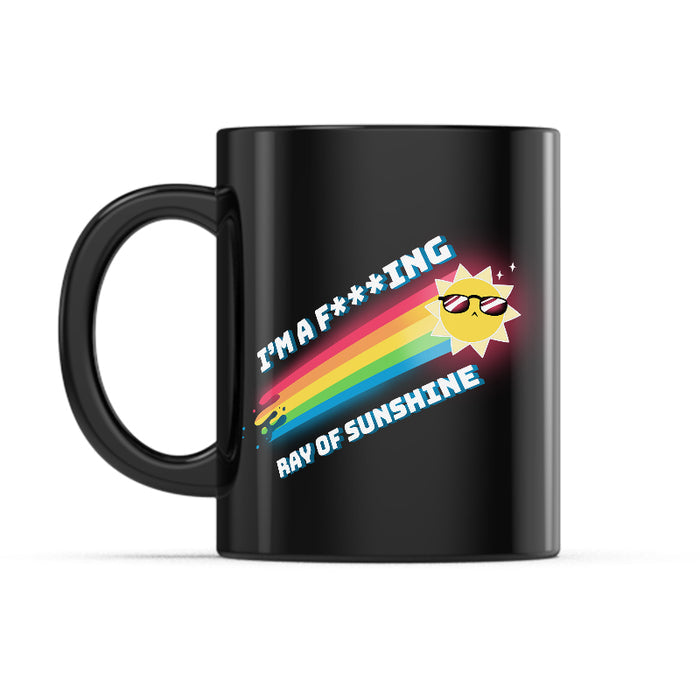 Ceramic Mug_TeeTurtle I'm a F***ing Ray of Sunshine black mug featuring a sun wearing sunglasses with a rainbow trail.