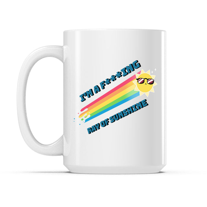 Ceramic Mug_TeeTurtle I'm a F***ing Ray of Sunshine white mug featuring a sun wearing sunglasses with a rainbow trail.