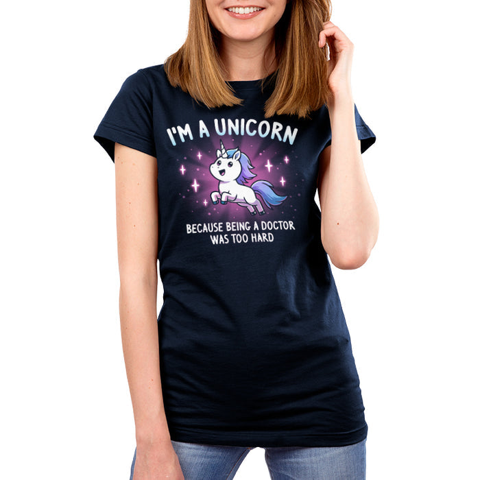 Premium Cotton T-shirt_TeeTurtle navy blue I'm a Unicorn apparel featuring a leaping, sparkling unicorn with the caption, “I’m a Unicorn Because Being a Doctor Was Too Hard“.