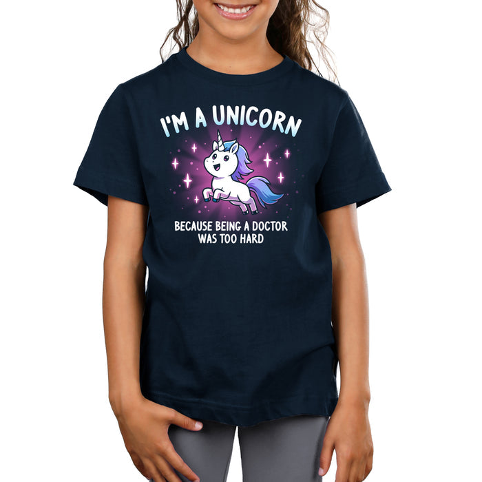 Premium Cotton T-shirt_TeeTurtle navy blue I'm a Unicorn apparel featuring a leaping, sparkling unicorn with the caption, “I’m a Unicorn Because Being a Doctor Was Too Hard“.