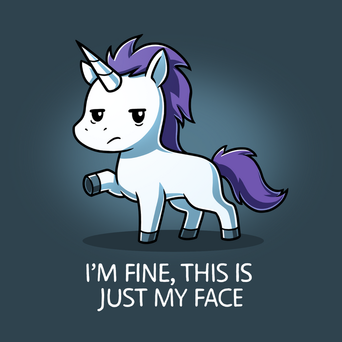 Premium Cotton T-shirt_TeeTurtle denim I'm Fine This Is Just My Face Premium Cotton T-shirt featuring a tired, grumpy white unicorn along with the text "I'm Fine, This Is Just My Face"