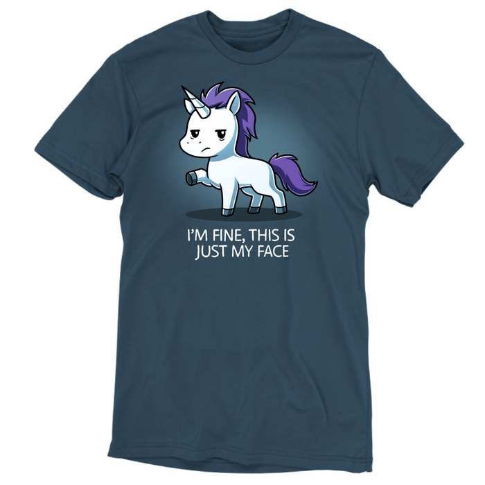 Premium Cotton T-shirt_TeeTurtle denim I'm Fine This Is Just My Face Premium Cotton T-shirt featuring a tired, grumpy white unicorn along with the text "I'm Fine, This Is Just My Face"