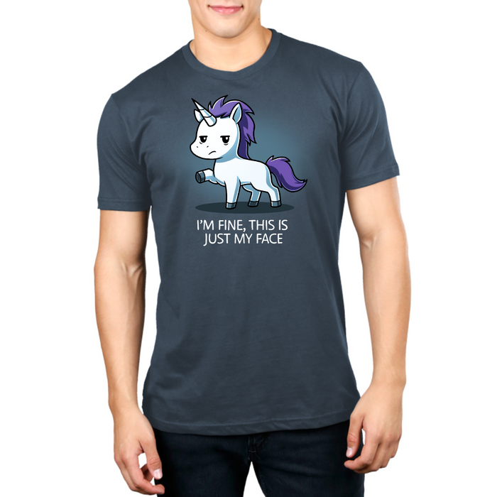 Premium Cotton T-shirt_TeeTurtle denim I'm Fine This Is Just My Face Premium Cotton T-shirt featuring a tired, grumpy white unicorn along with the text "I'm Fine, This Is Just My Face"