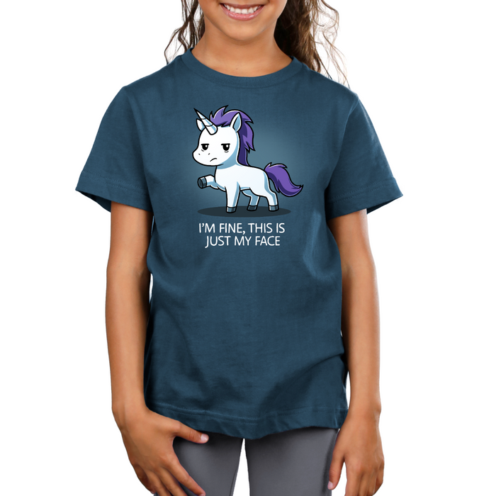 Premium Cotton T-shirt_TeeTurtle denim I'm Fine This Is Just My Face Premium Cotton T-shirt featuring a tired, grumpy white unicorn along with the text "I'm Fine, This Is Just My Face"