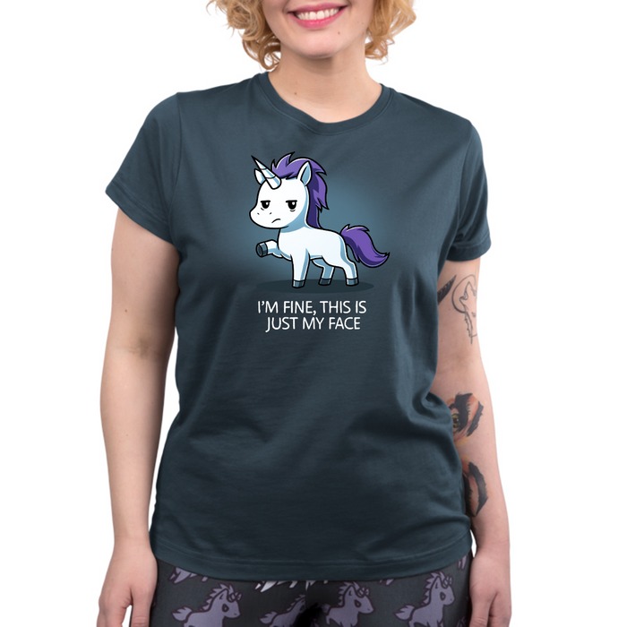Classic Cotton T-shirt_TeeTurtle heather navy I'm Fine This Is Just My Face Classic Cotton T-shirt featuring a tired, grumpy white unicorn along with the text "I'm Fine, This Is Just My Face"
