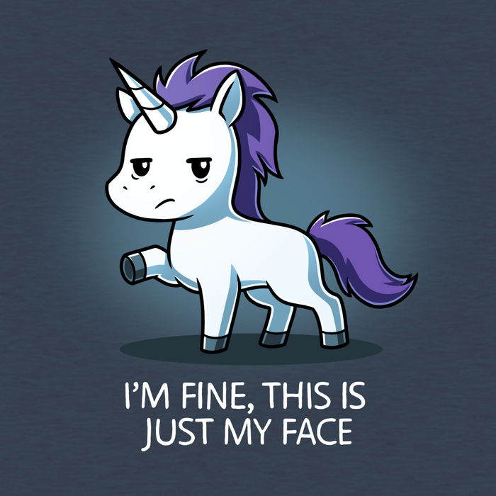 Classic Cotton T-shirt_TeeTurtle heather navy I'm Fine This Is Just My Face Classic Cotton T-shirt featuring a tired, grumpy white unicorn along with the text "I'm Fine, This Is Just My Face"