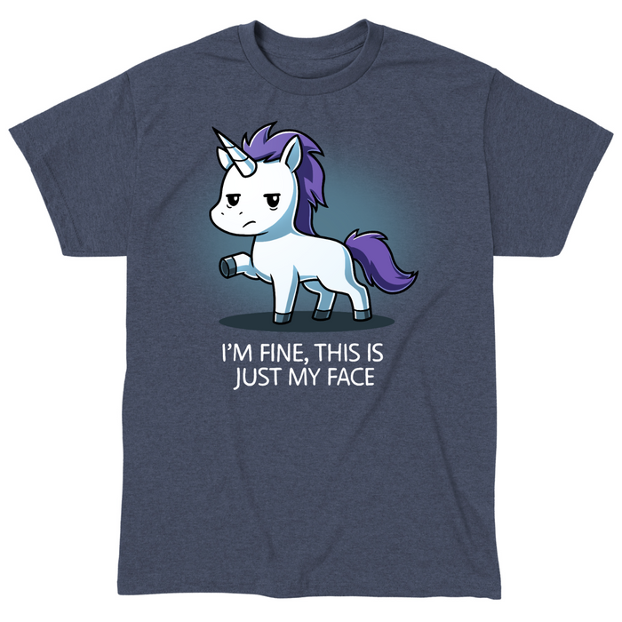 Classic Cotton T-shirt_TeeTurtle heather navy I'm Fine This Is Just My Face Classic Cotton T-shirt featuring a tired, grumpy white unicorn along with the text "I'm Fine, This Is Just My Face"