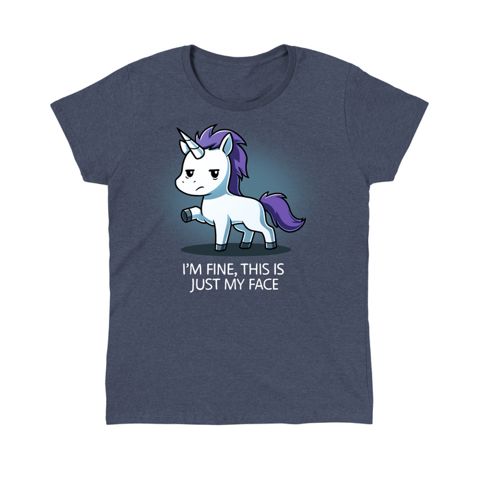 Classic Cotton T-shirt_TeeTurtle heather navy I'm Fine This Is Just My Face Classic Cotton T-shirt featuring a tired, grumpy white unicorn along with the text "I'm Fine, This Is Just My Face"