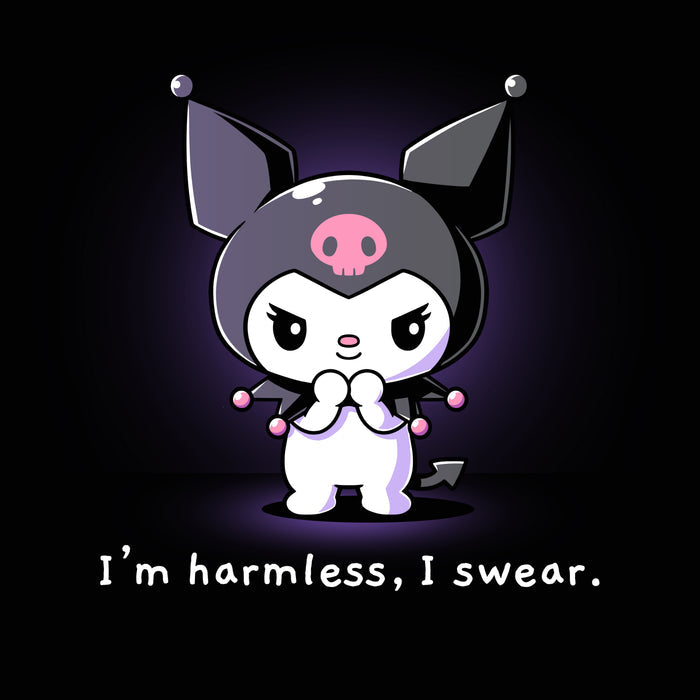 Premium Cotton T-shirt_TeeTurtle black I'm Harmless, I Swear apparel featuring Kuromi with a mischievous expression and her paws clasped together underneath her chin with the bottom caption, “I'm Harmless, I Swear.“.