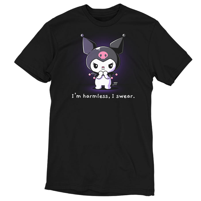 Premium Cotton T-shirt_TeeTurtle black I'm Harmless, I Swear apparel featuring Kuromi with a mischievous expression and her paws clasped together underneath her chin with the bottom caption, “I'm Harmless, I Swear.“.