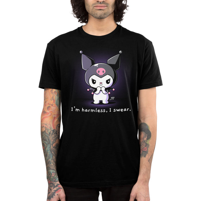 Premium Cotton T-shirt_TeeTurtle black I'm Harmless, I Swear apparel featuring Kuromi with a mischievous expression and her paws clasped together underneath her chin with the bottom caption, “I'm Harmless, I Swear.“.