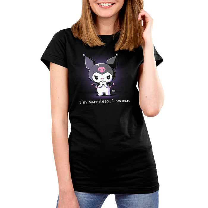 Premium Cotton T-shirt_TeeTurtle black I'm Harmless, I Swear apparel featuring Kuromi with a mischievous expression and her paws clasped together underneath her chin with the bottom caption, “I'm Harmless, I Swear.“.