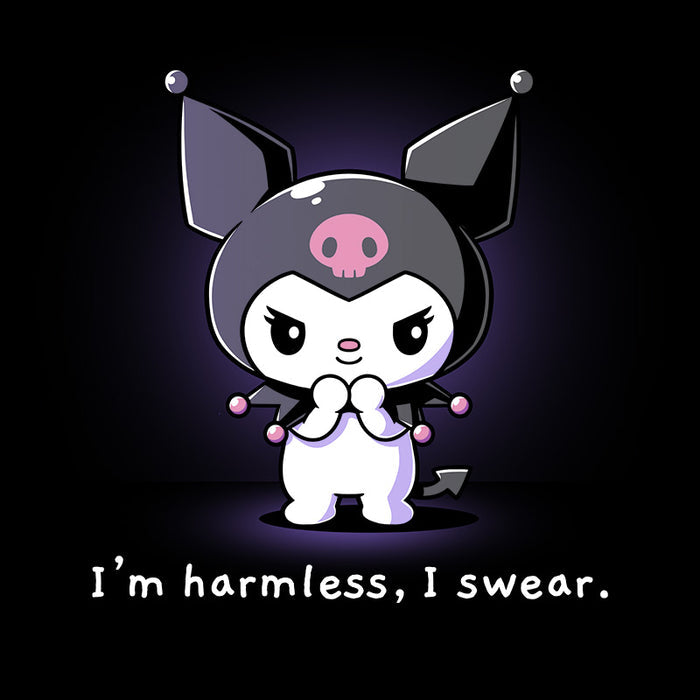 Classic Cotton T-shirt_TeeTurtle black I'm Harmless, I Swear apparel featuring Kuromi with a mischievous expression and her paws clasped together underneath her chin with the bottom caption, “I'm Harmless, I Swear.“.