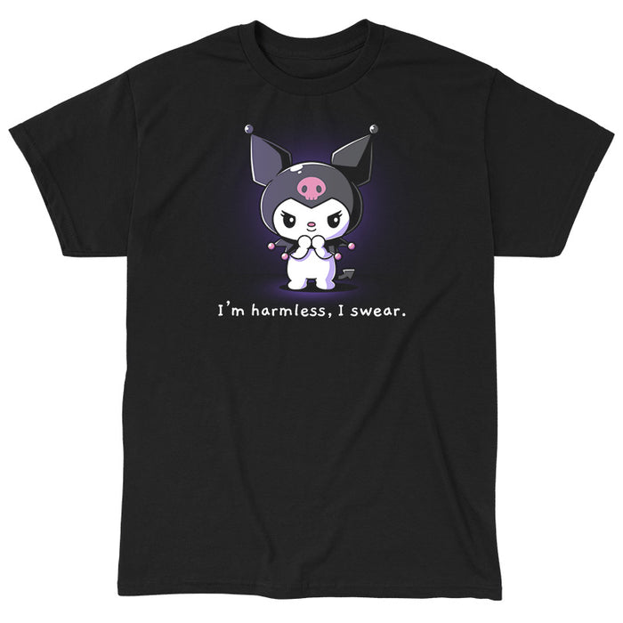 Classic Cotton T-shirt_TeeTurtle black I'm Harmless, I Swear apparel featuring Kuromi with a mischievous expression and her paws clasped together underneath her chin with the bottom caption, “I'm Harmless, I Swear.“.