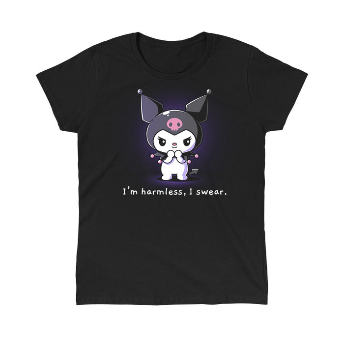 Classic Cotton T-shirt_TeeTurtle black I'm Harmless, I Swear apparel featuring Kuromi with a mischievous expression and her paws clasped together underneath her chin with the bottom caption, “I'm Harmless, I Swear.“.