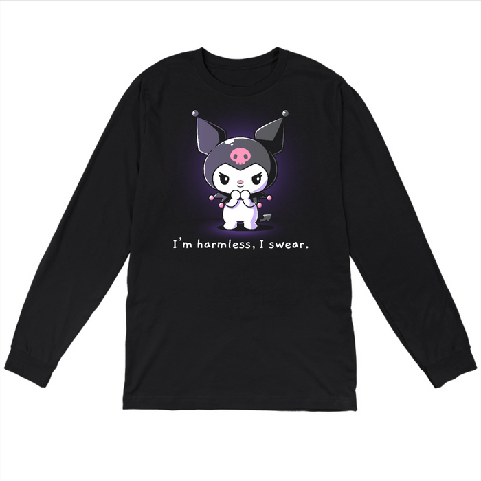 Long Sleeve T-shirt_TeeTurtle black I'm Harmless, I Swear apparel featuring Kuromi with a mischievous expression and her paws clasped together underneath her chin with the bottom caption, “I'm Harmless, I Swear.“.