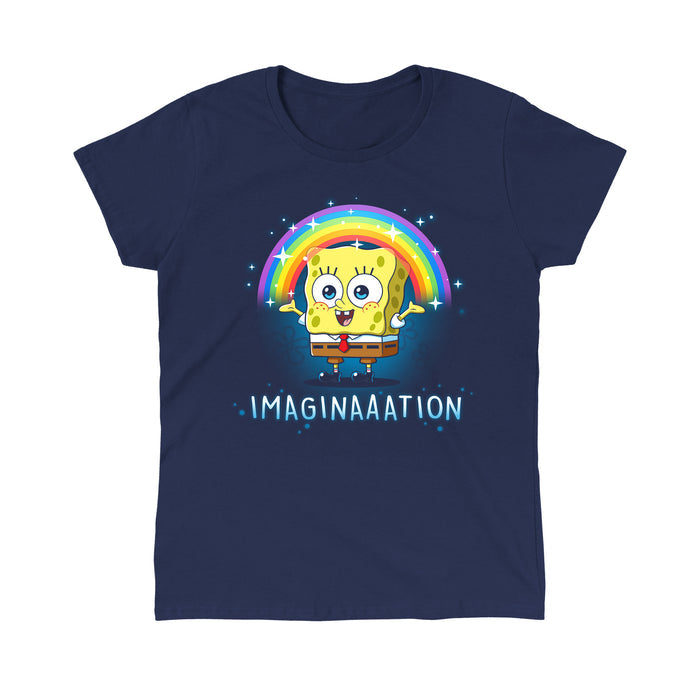 Classic Cotton T-shirt_TeeTurtle navy blue Imagination apparel featuring Spongebob Squarepants with his arms spread, and a rainbow above his head.