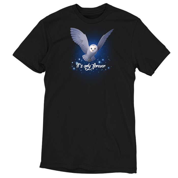 Premium Cotton T-shirt_TeeTurtle black It's Only Forever apparel featuring Jareth the Goblin King from the Labyrinth as a barn owl with its wings extended, and the caption in script, “It's Only Forever“.