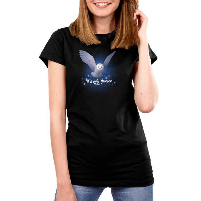 Premium Cotton T-shirt_TeeTurtle black It's Only Forever apparel featuring Jareth the Goblin King from the Labyrinth as a barn owl with its wings extended, and the caption in script, “It's Only Forever“.