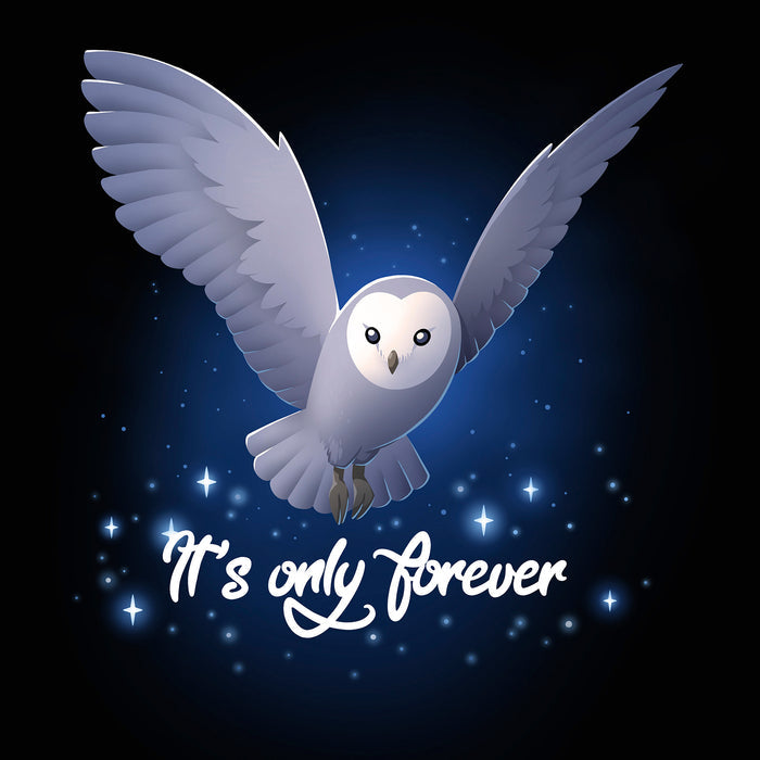 Classic Cotton T-shirt_TeeTurtle black It's Only Forever apparel featuring Jareth the Goblin King from the Labyrinth as a barn owl with its wings extended, and the caption in script, “It's Only Forever“.