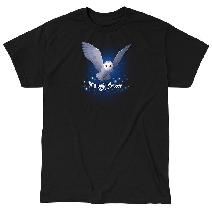 Classic Cotton T-shirt_TeeTurtle black It's Only Forever apparel featuring Jareth the Goblin King from the Labyrinth as a barn owl with its wings extended, and the caption in script, “It's Only Forever“.