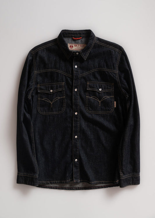 Dark denim shirt with contrast stitching, button closure, and two chest pockets. Iron & Resin label inside collar.