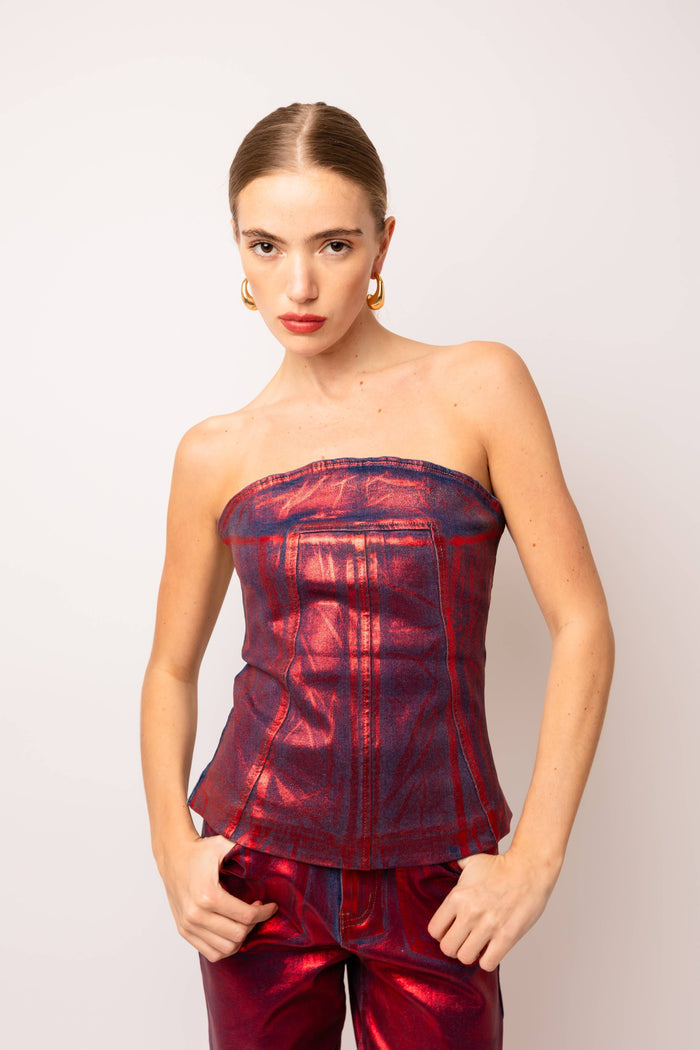 Style the Johanna Foil Coated Denim Top exclusively at Born To Glam