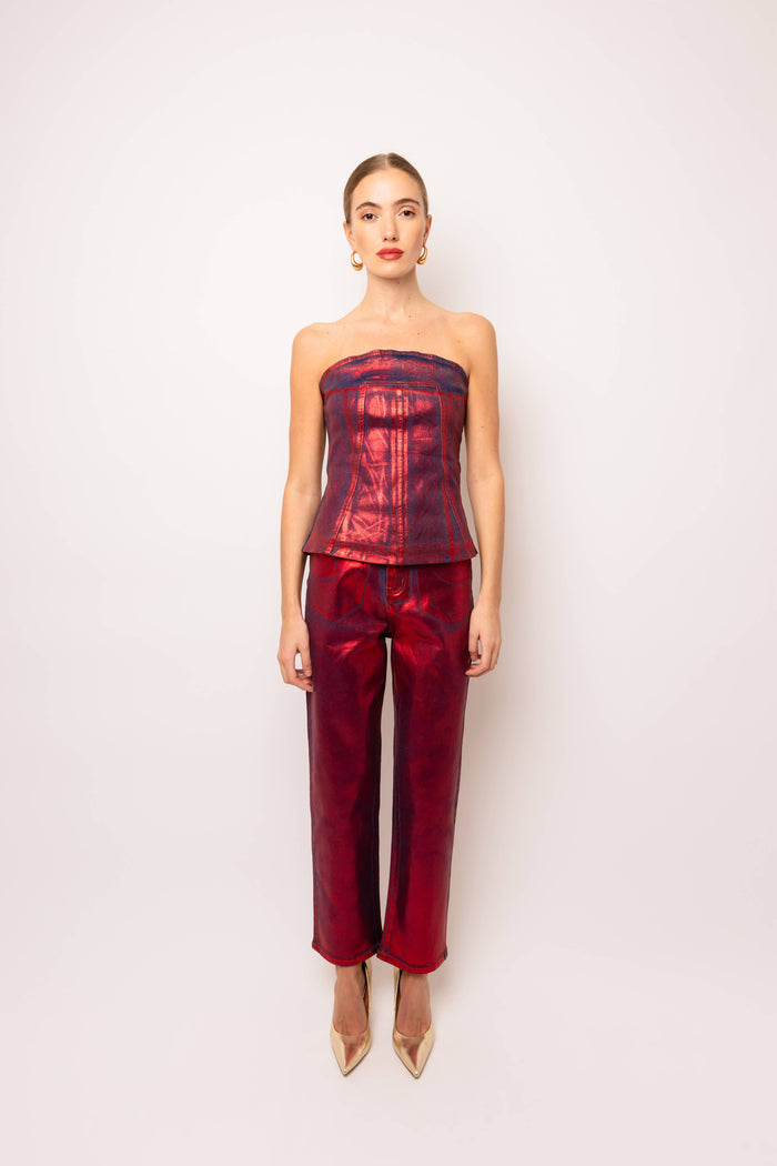 Style the Johanna Foil Coated Denim Top exclusively at Born To Glam