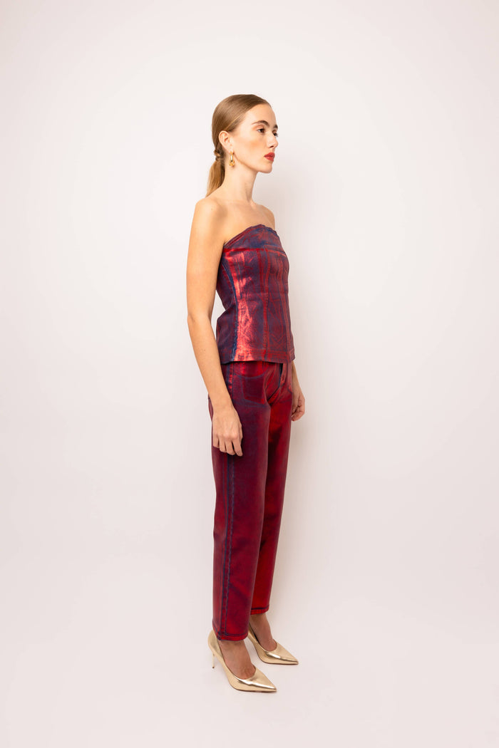 Style the Johanna Foil Coated Denim Top exclusively at Born To Glam