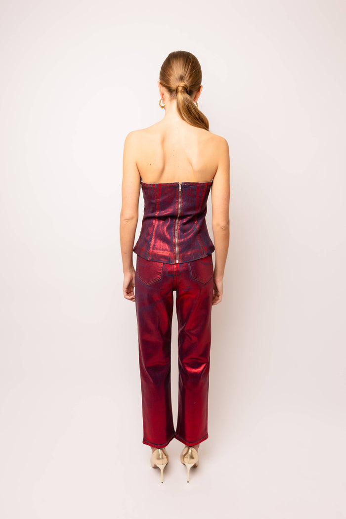 Style the Johanna Foil Coated Denim Top exclusively at Born To Glam