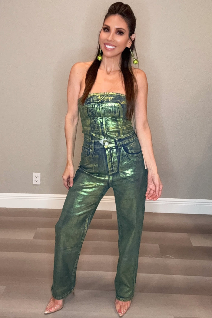 Style the Johanna Green Foil Coated Denim Top exclusively at Born To Glam