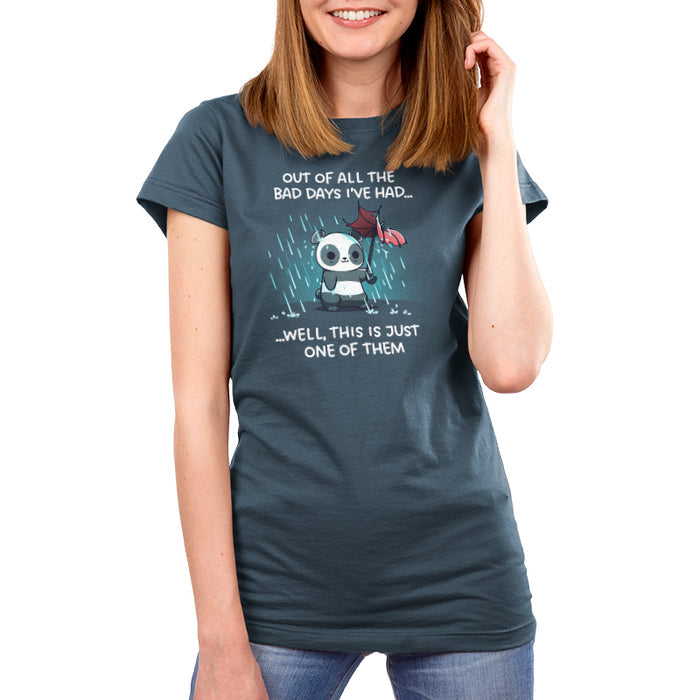 Premium Cotton T-shirt_TeeTurtle denim blue Just Another Bad Day apparel featuring an anxious panda holding a blown-out umbrella in a rainstorm with the caption, “Out of all the bad days I’ve had… well, this is just one of them“.