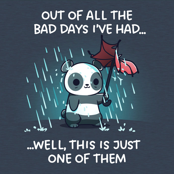 Classic Cotton T-shirt_TeeTurtle heather navy Just Another Bad Day apparel featuring an anxious panda holding a blown-out umbrella in a rainstorm with the caption, “Out of all the bad days I’ve had… well, this is just one of them“.