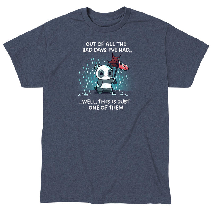 Classic Cotton T-shirt_TeeTurtle heather navy Just Another Bad Day apparel featuring an anxious panda holding a blown-out umbrella in a rainstorm with the caption, “Out of all the bad days I’ve had… well, this is just one of them“.