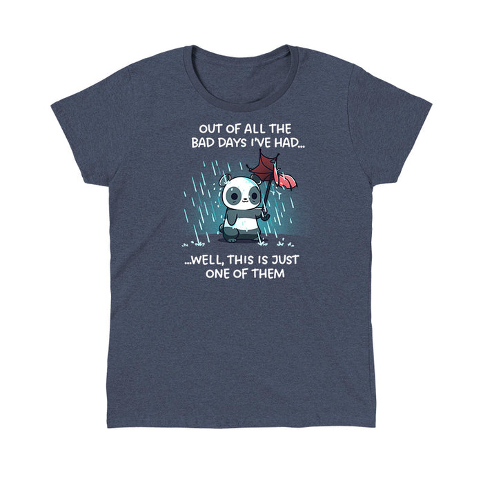 Classic Cotton T-shirt_TeeTurtle heather navy Just Another Bad Day apparel featuring an anxious panda holding a blown-out umbrella in a rainstorm with the caption, “Out of all the bad days I’ve had… well, this is just one of them“.