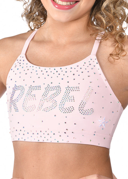 Pink sports bra with 'REBEL' text and rhinestone embellishments on a white background