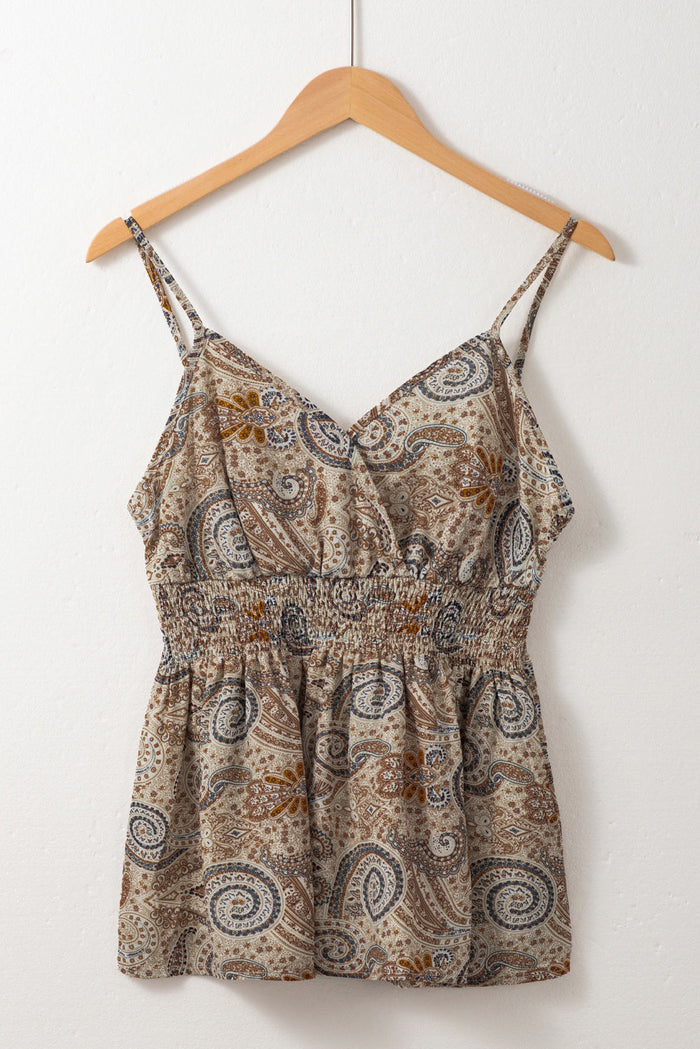 Khaki Paisley Printed Spaghetti Strap V Neck Smocked Babydoll Vest Top - Tops/Vest Tops