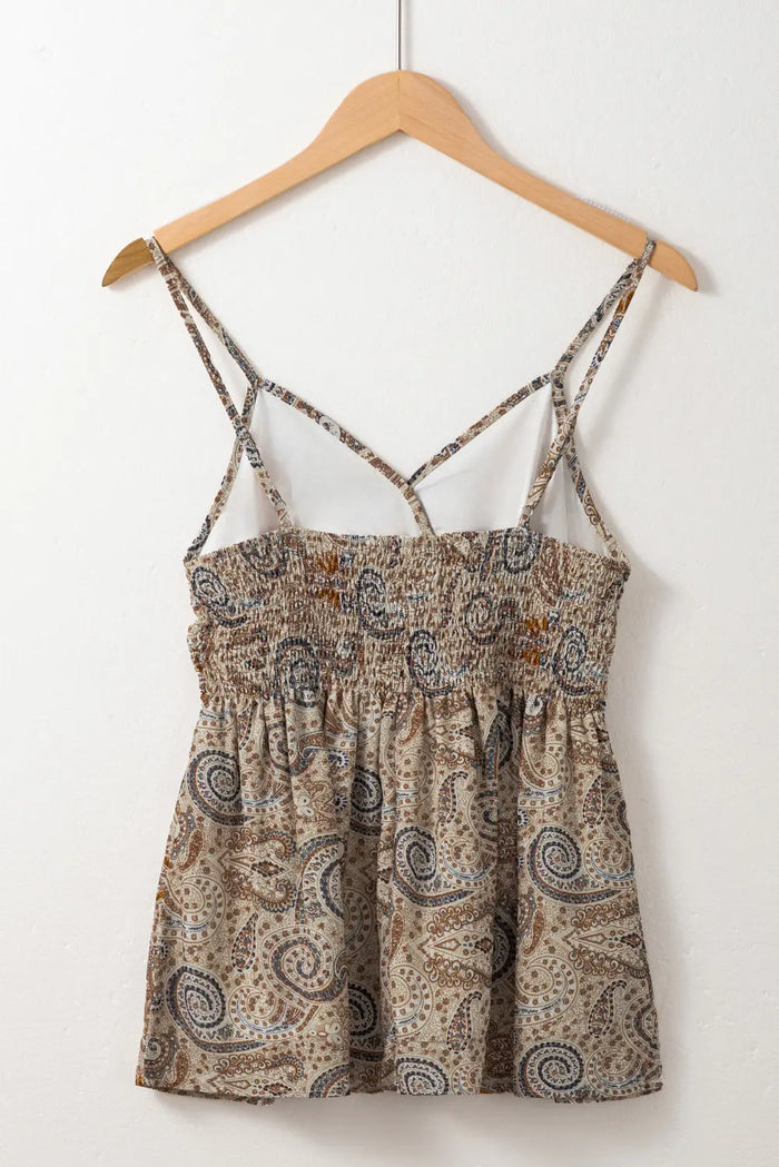 Khaki Paisley Printed Spaghetti Strap V Neck Smocked Babydoll Vest Top - Tops/Vest Tops