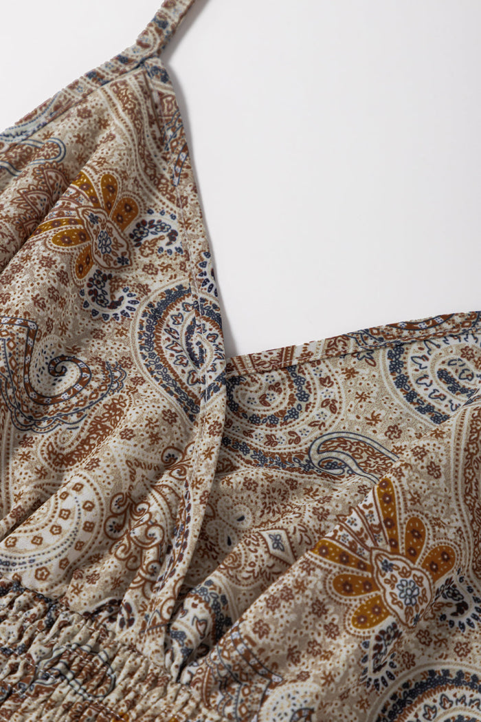 Khaki Paisley Printed Spaghetti Strap V Neck Smocked Babydoll Vest Top - Tops/Vest Tops